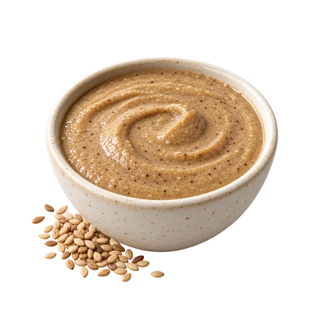 Illustration d’un bol de tahini brun et granuleux et de graines de sésame ; décorticage et torréfaction non vérifiables sur l’image