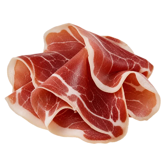 Illustration de fines tranches de jambon cru séché ; origine et appellation non vérifiables sur l’image