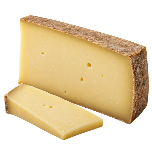 Illustration de gruyère français en portion, avec de petites ouvertures ; appellation, affinage et fabricant non vérifiables sur l’image