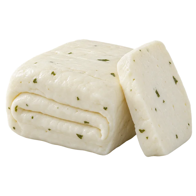 Illustration d’un halloumi plié et d’une tranche, avec des brins de menthe ; appellation et laits utilisés non vérifiables sur l’image