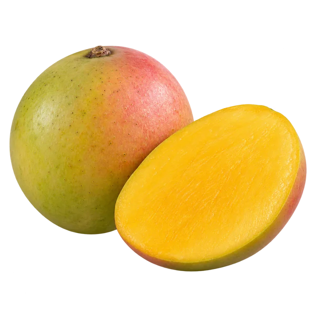 Illustration d’une mangue de type José, entière et coupée ; variété, origine et maturité non vérifiables sur l’image