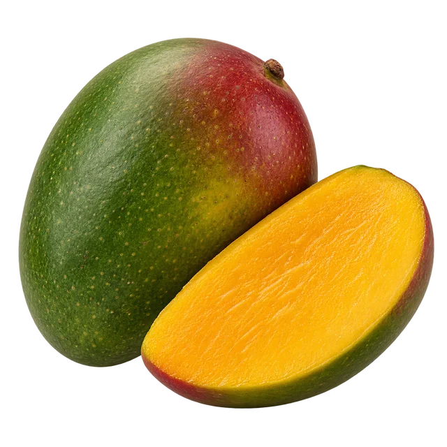 Illustration d’une mangue de type Kent, entière et coupée ; variété, origine et maturité non vérifiables sur l’image
