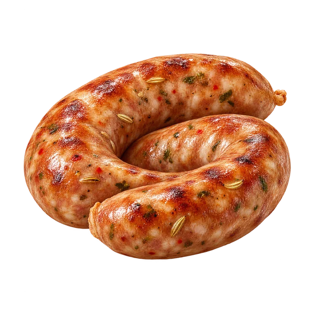Illustration d’une saucisse dorée parsemée de graines ; recette et origine non vérifiables sur l’image
