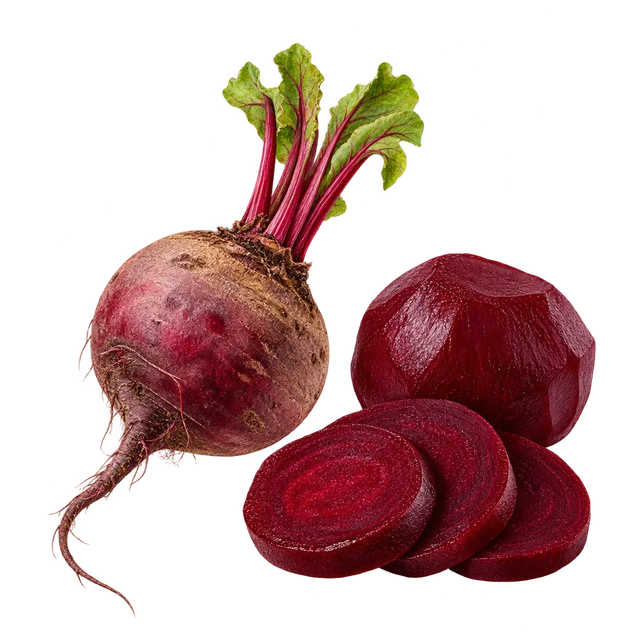Illustration d’une betterave crue entière avec ses fanes, à côté d’une betterave cuite pelée et de rondelles ; cultivar non identifié