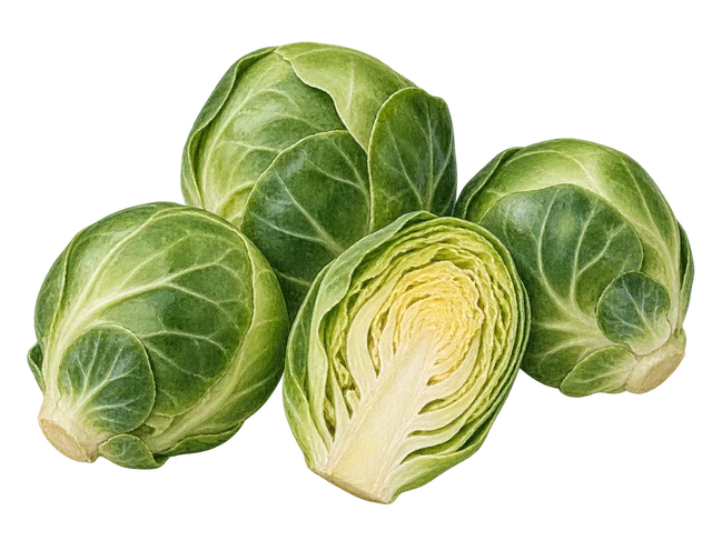 Illustration représentative du chou de Bruxelles : trois petites pommes vertes entières et une coupée en deux ; ce n’est pas un critère visuel pour reconnaître Asgard, Lunet ou une variété précoce