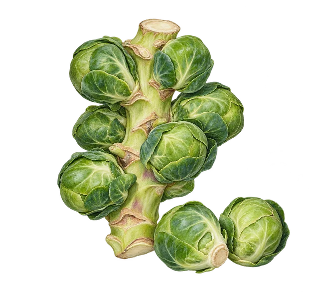 Illustration représentative du chou de Bruxelles : petites pommes vertes serrées le long d’une tige, et deux pommes détachées ; ce n’est pas un critère visuel pour reconnaître De Rosny, Sanda ou une variété tardive