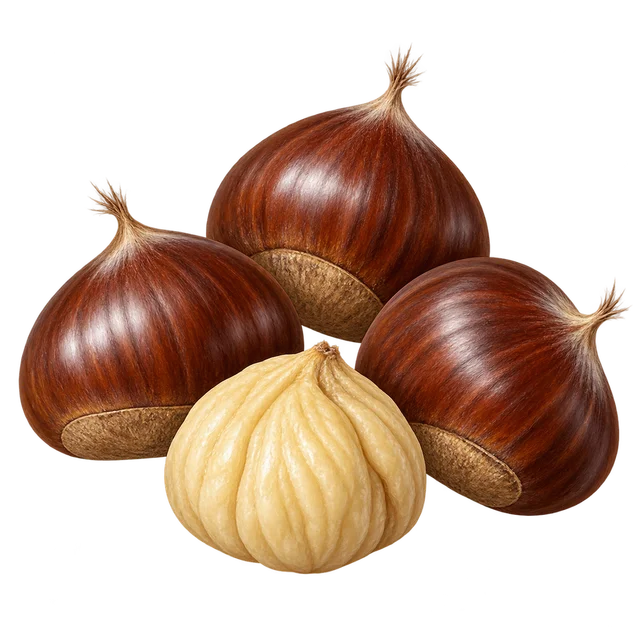 Illustration de trois châtaignes brunes à coque striée et d’une châtaigne épluchée à chair crème ; image représentative, pas une preuve du cultivar Comballe