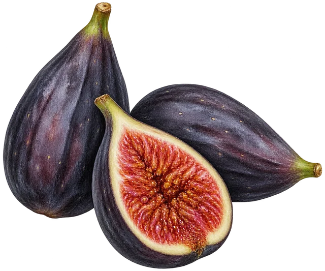 Illustration de trois figues allongées à peau très foncée, dont une coupée en deux montrant une chair rouge ; représentation du type, cultivar non certifié