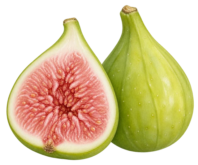Illustration de deux figues à peau vert clair, l’une entière et l’autre coupée en deux montrant une chair rose ; représentation du type, cultivar non certifié