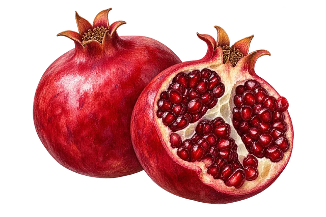 Illustration d’une grenade à écorce rouge foncé, entière et coupée en deux montrant des grains rouge sombre ; représentation, cultivars non certifiés