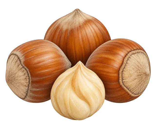 Illustration de trois grosses noisettes en coque brune et d’une noisette décortiquée ; représentation, cultivar non certifié