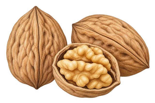 Illustration de noix allongées en coque et d’une demi-coque contenant son cerneau ; représentation, cultivar non certifié