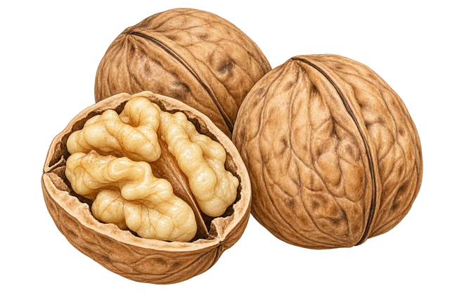 Illustration de grosses noix rondes en coque et d’une demi-coque contenant un cerneau clair ; représentation, cultivar non certifié