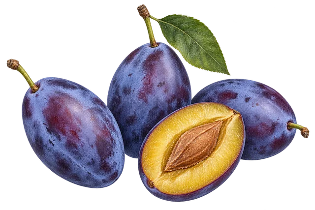 Illustration de prunes ovales à peau bleu-violet, dont une coupée en deux montrant une chair jaune et son noyau, avec une feuille ; représentation, cultivar non certifié