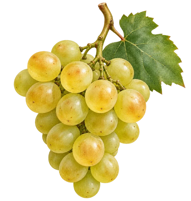 Illustration d’une grappe de raisin aux grains ronds jaune doré avec une feuille de vigne ; représentation, cépage non certifié
