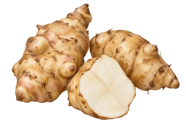 Illustration de topinambours noueux et irréguliers à peau beige, dont un coupé montrant une chair blanche ; représentation, cultivar non certifié
