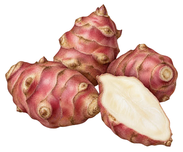 Illustration de topinambours à peau rouge rosé, dont un coupé montrant une chair crème ; représentation, cultivar non certifié