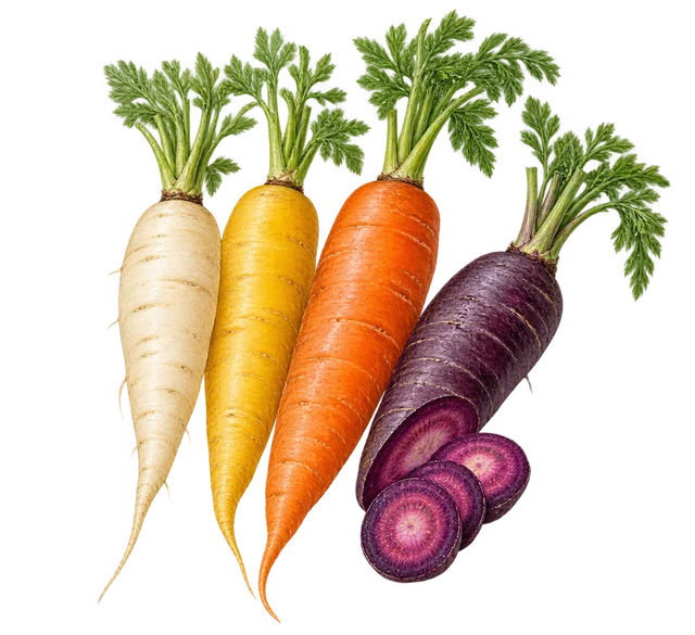 Illustration de quatre carottes avec fanes, blanche, jaune, orange et violette, et de rondelles violettes coupées ; variétés non identifiées