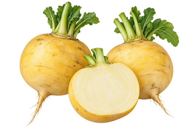 Illustration de deux navets ronds jaune pâle avec fanes et d'une moitié montrant une chair crème ; cultivar non certifié