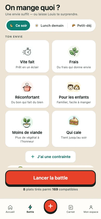 Le lanceur actuel : choix du moment, de l’envie, du temps et des contraintes, puis bouton Lancer une battle.